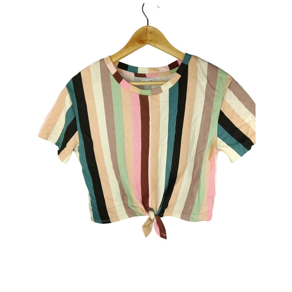 love, Fire Striped Tie-Knot Crop Top - Pink, Green, Blue, Brown, Black, Cream